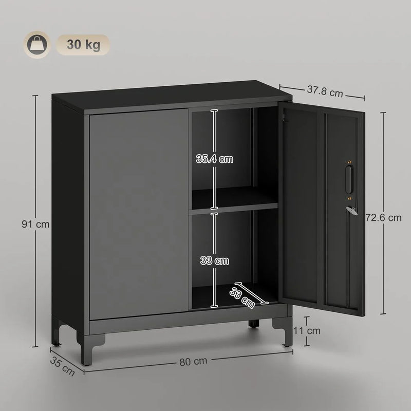 HOMCOM Lockable Metal Filing Cabinet, 2-Tier Storage Cupboard with Double Doors, Modern Office Organiser, Black