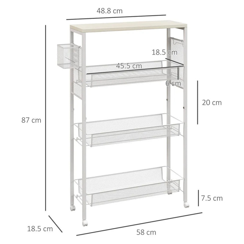 HOMCOM 3-Tier Kitchen Cart with 3 Steel Wire Baskets - White