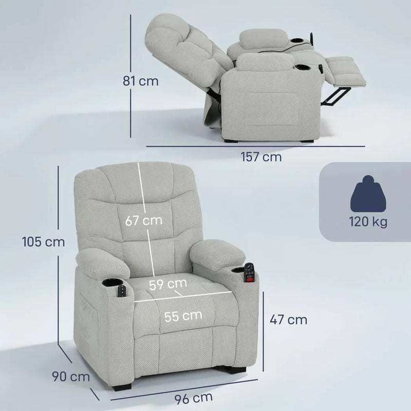 HOMCOM Electric Massage Recliner Armchair with Vibration, Heat, Whisper-Quiet Motor, Memory Function, Fleece Power Reclining Chair with Spring Pack, USB Port, Footrest, Side Pocket, Grey