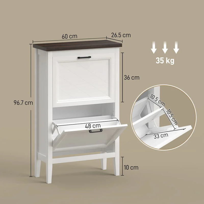 HOMCOM Shoe Cabinet with 2 Flip Drawers, Farmhouse Narrow Shoe Storage Cabinet with Adjustable Shelves, White