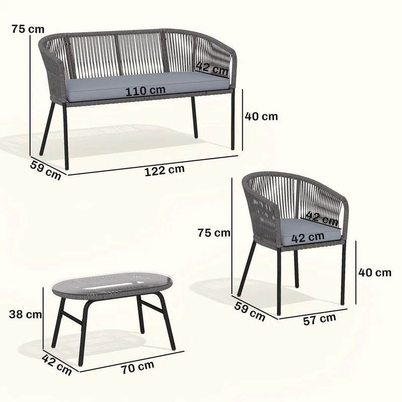 Outsunny 4 Piece Garden Furniture Set, Rope Garden Sofa Set with 1 Loveseat 2 Chairs Tempered Glass Table Cushions, Dark Grey