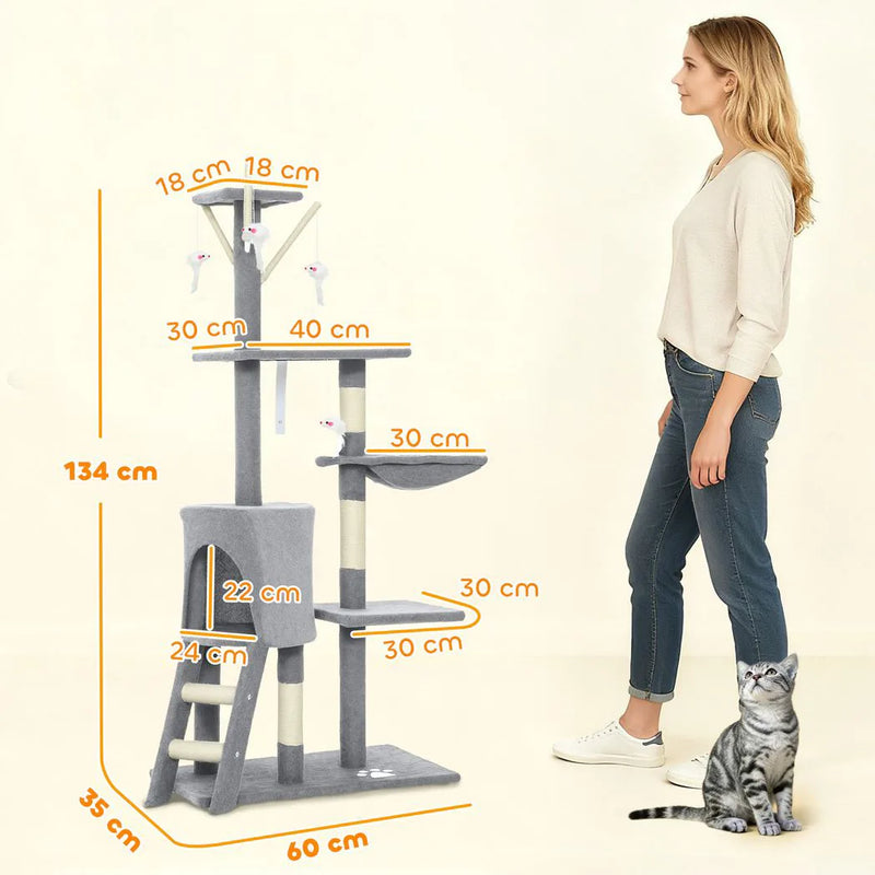 PawHut Multi-Level Cat Tower, 134cm Cat Tree with Condo and Sisal Scratching Posts for Indoor Kittens, Grey