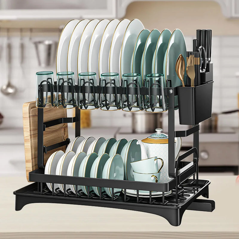 2 TIER KITCHEN SINK DISH DRAINER RACK WITH DRIP TRAY CUTLERY HOLDER PLATE RACK