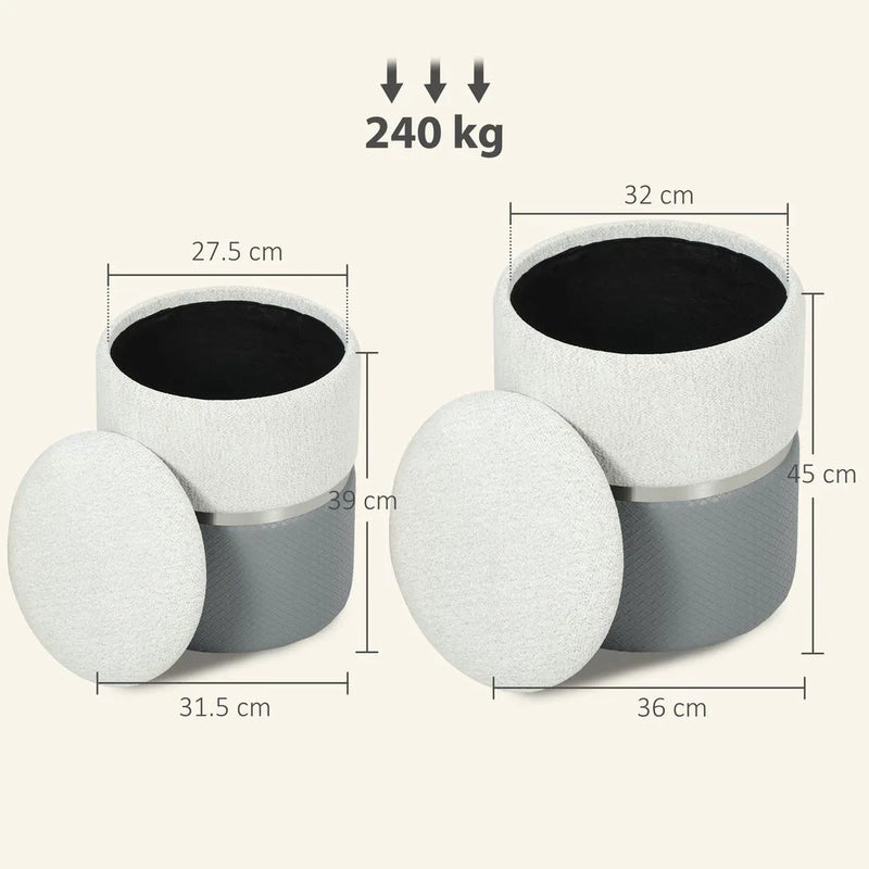 HOMCOM Nesting Round Ottoman with Storage Set of 2 - Cream/Grey