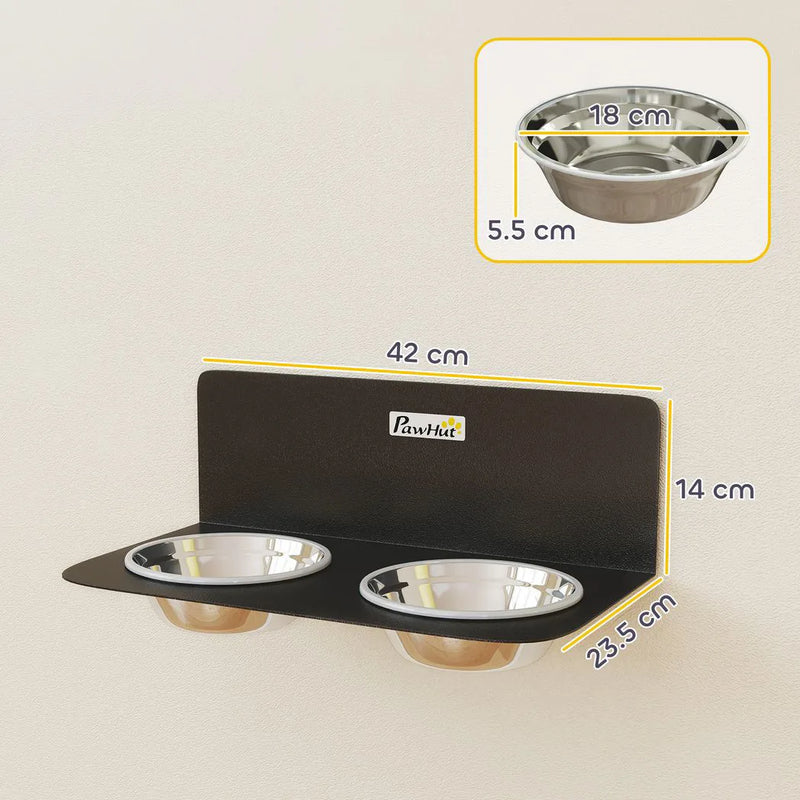 PawHut Wall Mount Dog Bowls, Adjustable Height Raised Dog Feeding Station with 2 Stainless Steel Bowls, 10kg Capacity, Black