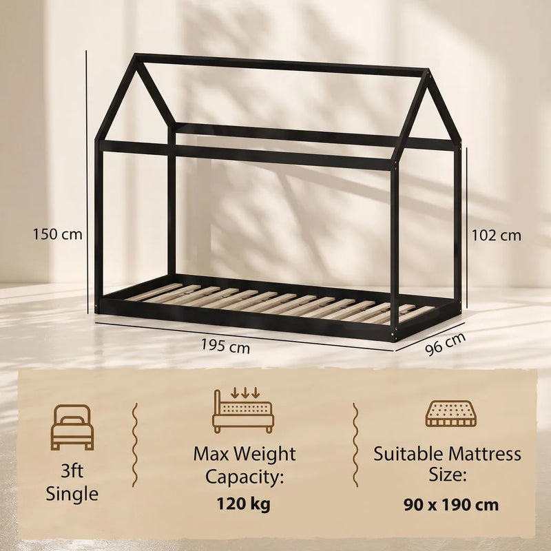 HOMCOM Single Bed Frame, House-Scandinavian-Style Wooden Bed Frame for 90W x 190D cm Mattress, Black