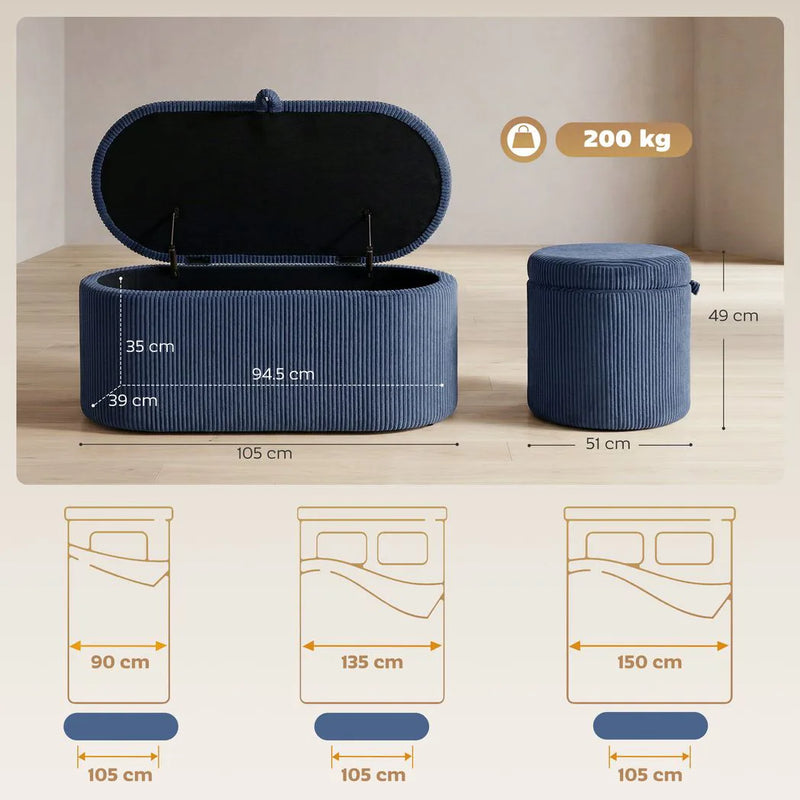 HOMCOM Storage Ottoman, Corduroy Upholstered Ottoman Storage Box with Padded Seat, 105 x 51 x 49 cm, Blue