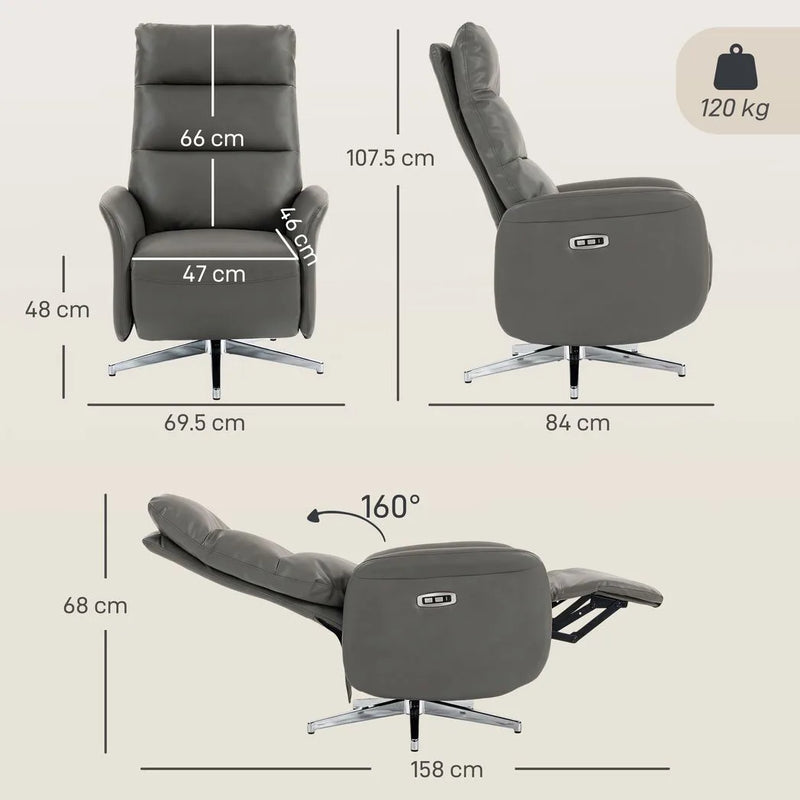 HOMCOM Power Recliner Chair, Swivel Electric Reclining Chair with Type C?, Recliner Armchair with Footrest, Dark Grey