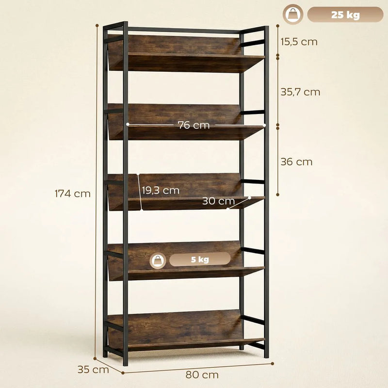 HOMCOM Bookshelf 5-Tier Metal Frame Room Divider Bookcase Storage Shelves for Living Room Rustic Brown