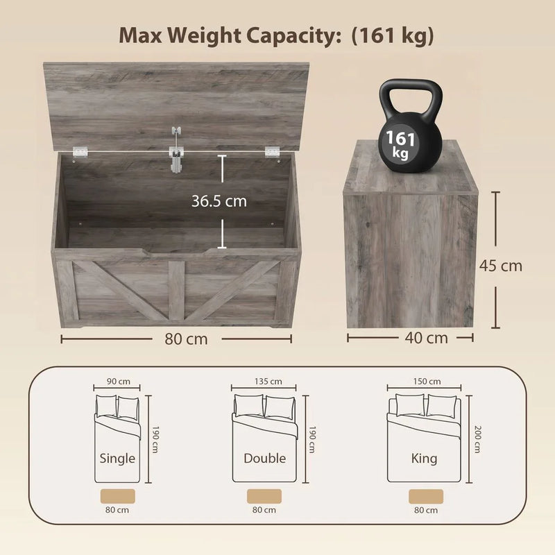 HOMCOM 100L Home Storage Box, with Safety Hinge - Grey Wood-Effect