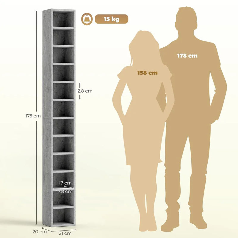 HOMCOM 204 CD Tall Narrow Media Storage Tower - Cement Grey