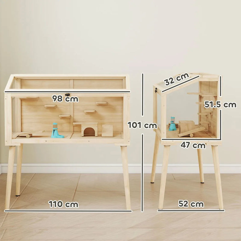 PawHut Wooden Hamster Cage, Hamster Habitat with Openable Top, Seesaws, Platforms, Water Bottle for Gerbils, 110 x 52 x 101 cm