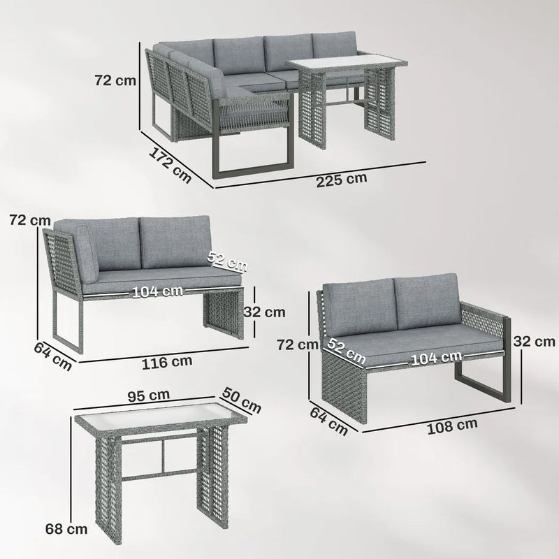 Outsunny 6 Seater Rattan Garden Furniture Set with 3 Loveseats, Table, Patio Rattan Furniture Corner Sofa Set, Grey