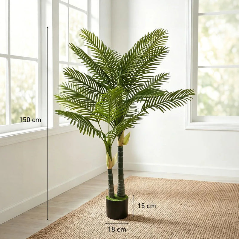 HOMCOM Artificial Palm Tree with 16 PEVA Leaves, 150cm Decorative Artificial Plant with Pot and Moss Effect, Green