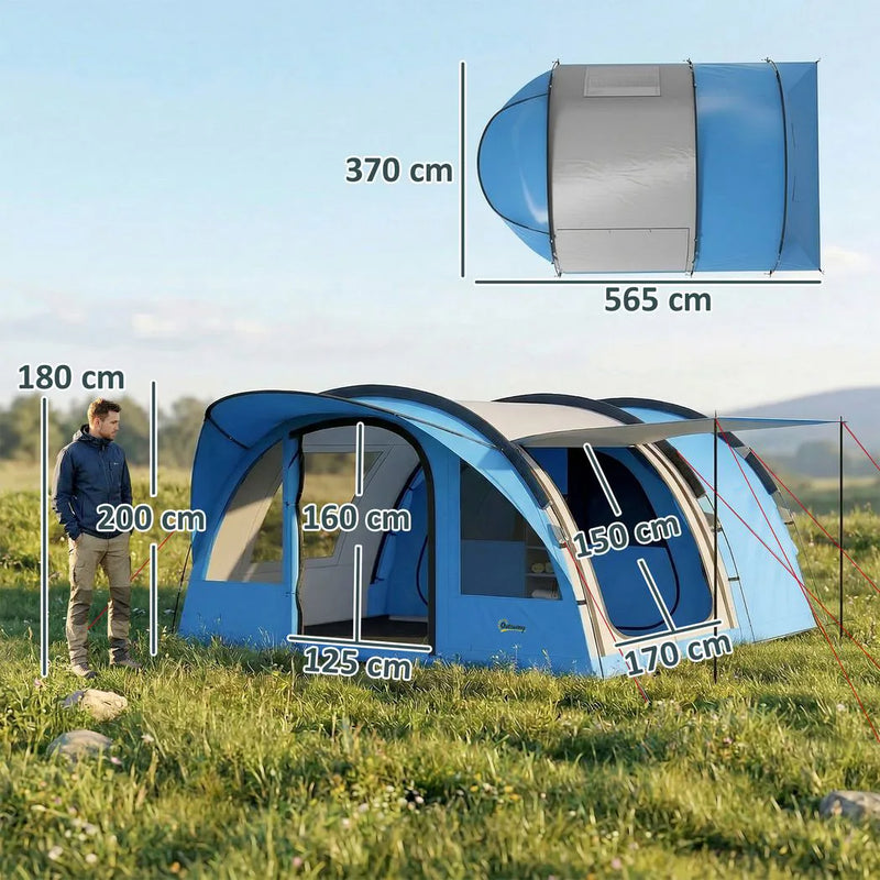 Outsunny 4 Person Easy Setup Family Camping Tent with 2 Rooms, Waterproof Tunnel Tent w/ Sewn In Groundsheet, Sky Blue & Grey