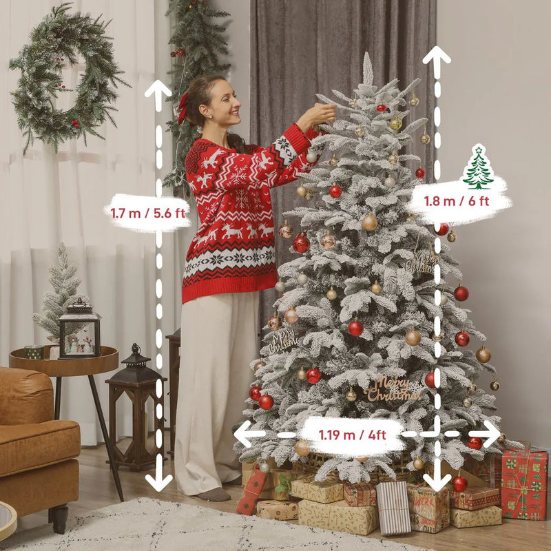 HOMCOM 6 ft Artificial Flocked Christmas Tree with 1182 Branches, Hinged Xmas Tree with Foldable Metal Stand, Easy Assembly for Home Office Decor