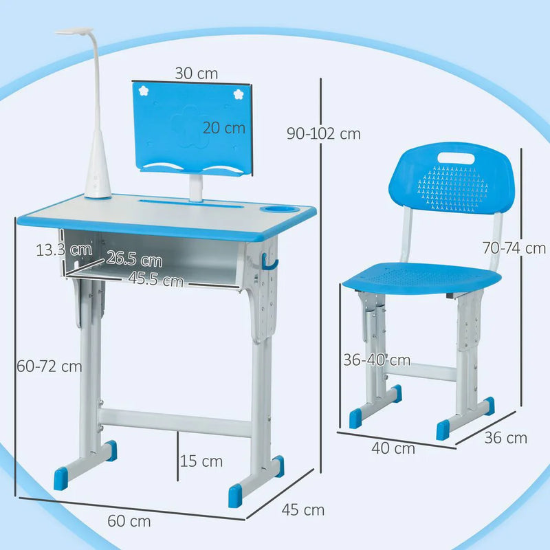 HOMCOM Kids Desk and Chair Set Adjustable Height Study Table Set with Drawer, Book Stand, Pen Slot - Blue