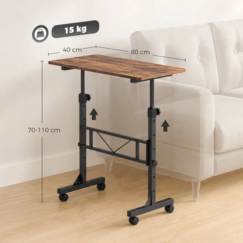 HOMCOM Overbed Table Adjustable Height Sofa Side Table with Wheels 80 x 40 cm Rustic Brown Black