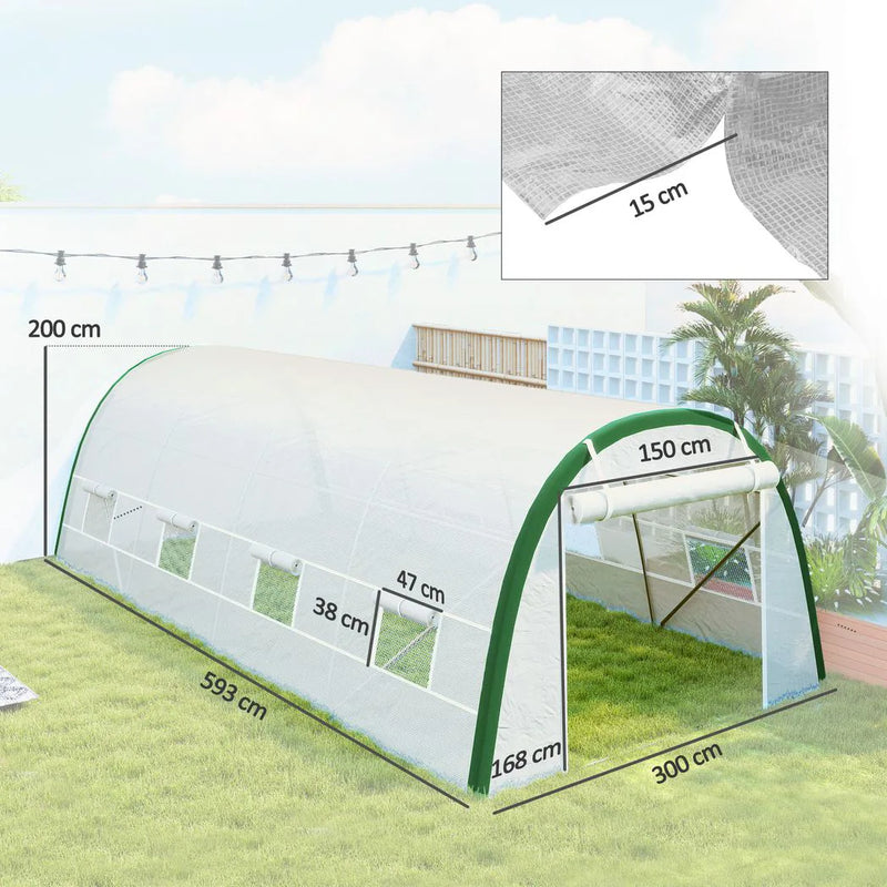 Outsunny Walk-in Polytunnel Greenhouse Tunnel Warm House Tent with Zipped Doors, 8 Mesh Windows, PE Cover, 6 x 3 m, White