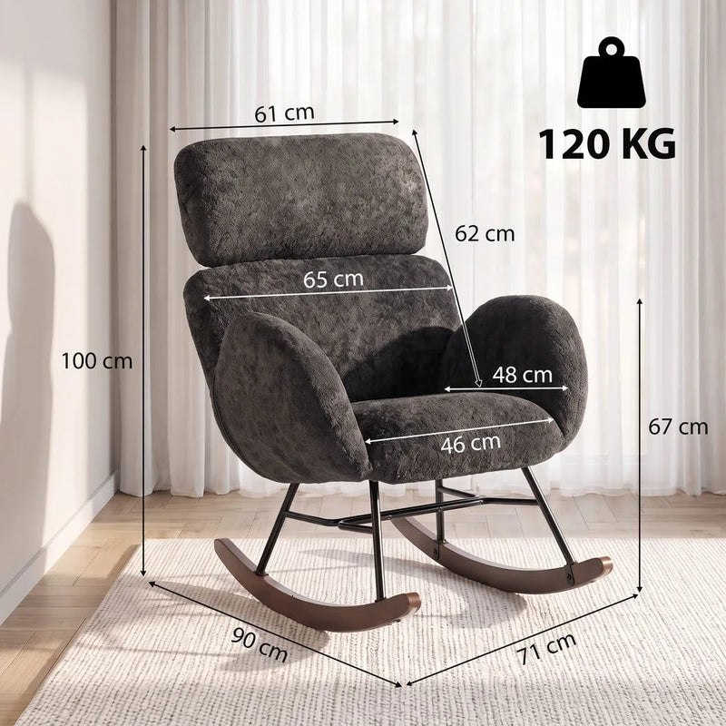 HOMCOM Upholstered Rocking Chair Adjustable Headrest Rocker Chair Raindrop Velvet Rubberwood Base Dark Grey