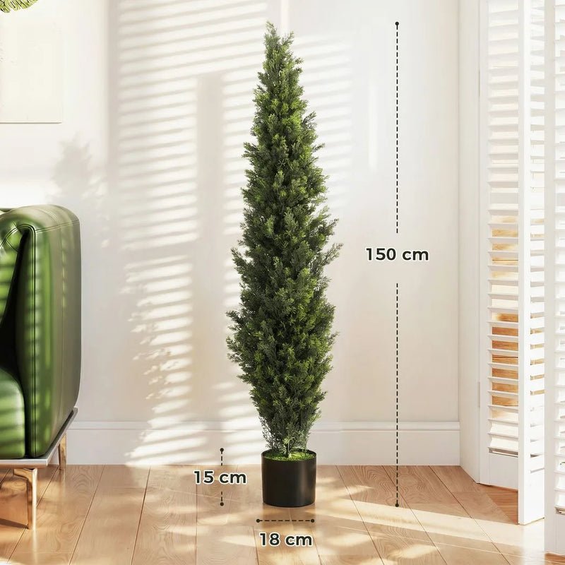 HOMCOM Set of 2 Decorative Artificial Plants Cypress in Weighted Pot, Fake Plant with 2035 Leaves, 150 cm