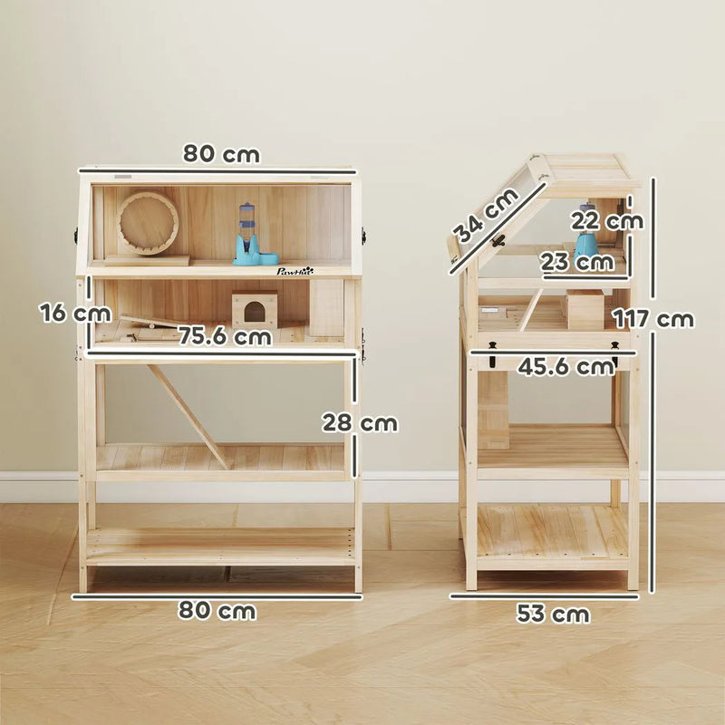 PawHut Wooden Hamster Cage with Detachable Lower Floor, Storage Shelf, Hut, Seesaw, Exercise Wheel, Ramps for Hamster