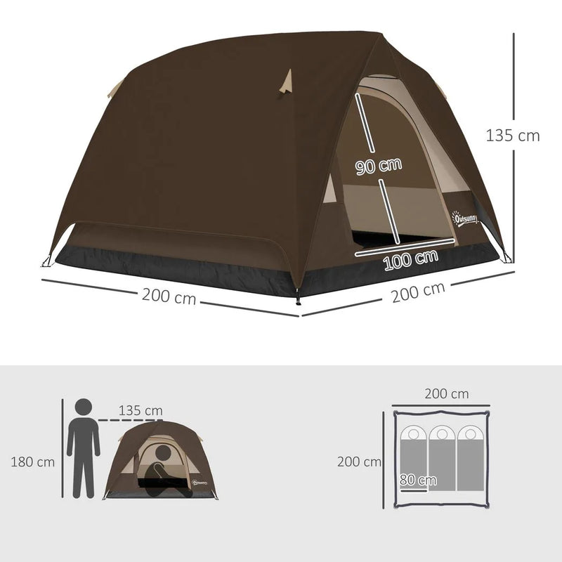 Outsunny Camping Tent, Easy Set Up 2-3 Man Tent with Sewn-in Groundsheet, 3000 mm Dome Tent w/ Mesh Windows, Brown