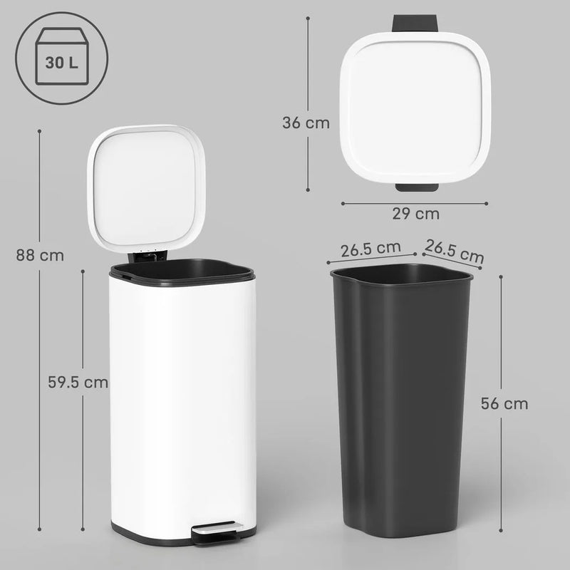 HOMCOM 30L Kitchen Bin, Compact Pedal Bin with Soft-Close and Stay-Open Lid, Removable Bucket for Kitchen, Home, Office, White