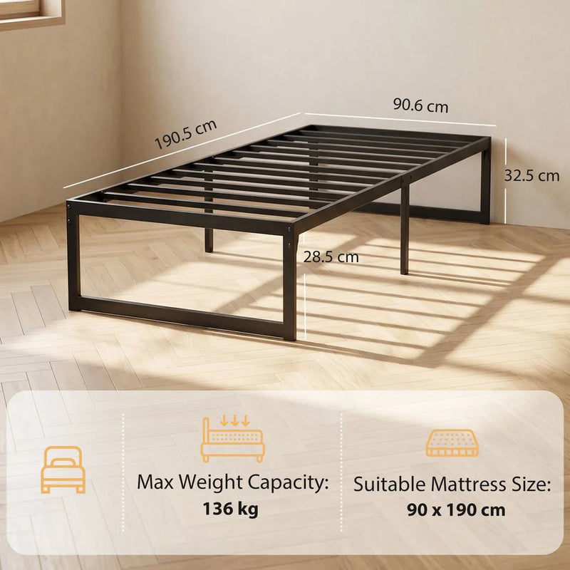 HOMCOM 3ft Single Bed Frame with Underbed Storage and Steel Slat Support, 32.5 cm Height, Noise-Free, Black