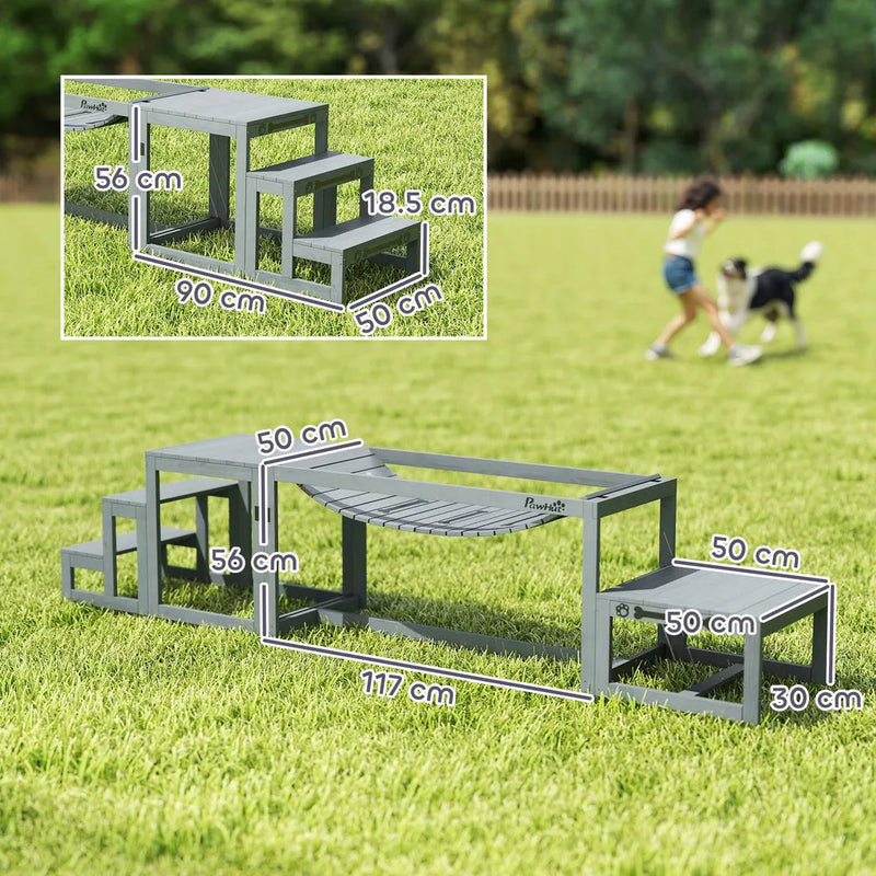 PawHut 3 Pieces Wooden Dog Agility Training Equipment with Soft Bridge, Pause Platform and Pet Stair for Outdoor, Grey