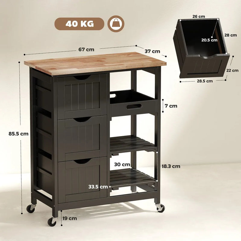 HOMCOM Rolling Kitchen Island Cart, Bar Serving Cart, Compact Trolley on Wheels with Wood Top, Shelves & Drawers for Home Dining Area, Black
