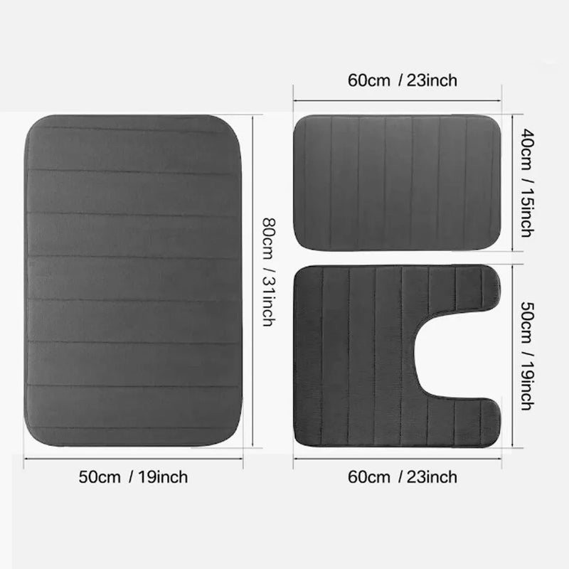 MEMORY FOAM BATH MAT PEDESTAL SET NON SLIP TOILET BATHROOM CONTOUR RUGS 3 PIECE-Grey