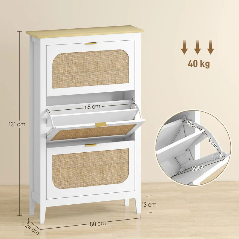 HOMCOM Narrow Shoe Cabinet, Boho Slim Shoe Storage Cabinet with 3 Flip Drawers, Holds 21 Pairs, White