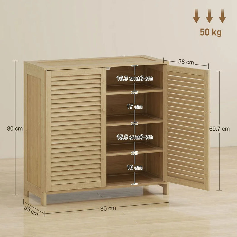 HOMCOM Bamboo Shoe Cabinet with Louvered Doors, 14 Pairs Shoe Storage Cabinet with Adjustable Shelves for Hallway, Natural