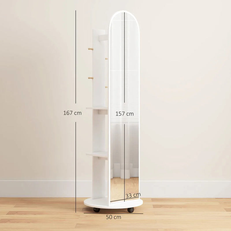 HOMCOM 2-in-1 Full Length Mirror with Storage Shelves, Floor Mirror with 4 Wheels, Coat Rack, Hooks, White