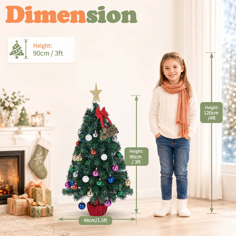 3FT Pre-Lit Artificial Christmas Tree, Green PVC Mini Xmas Tree with 50 Warm White LED Lights (8 Modes), 120 Branch Tips, Tree Topper Star, Bow & Letter Sign Decorations, Red Cloth Wrapped Base, Battery Operated