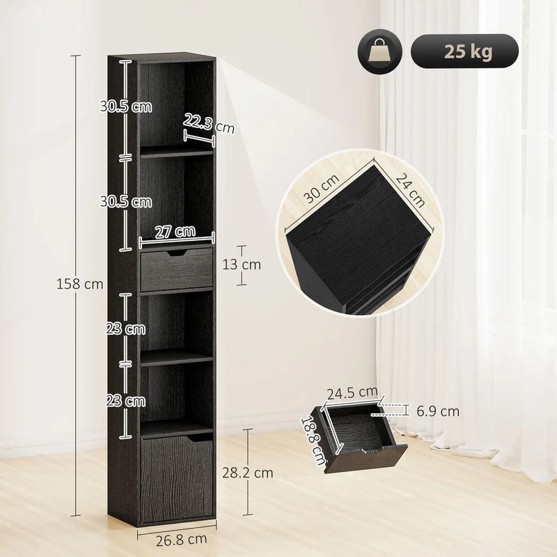 HOMCOM 6-Tier Bookcase, Tall Narrow Bookshelf with Drawer and Door - Black