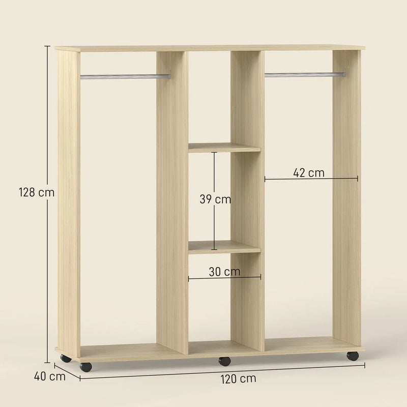 HOMCOM Open Wardrobe Double Mobile Storage Shelves Organizer W/6 Wheels-Natural
