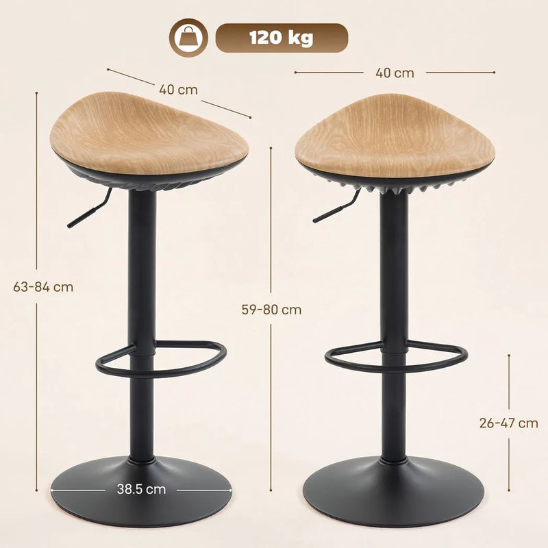 HOMCOM Set of 2 Barstools PU Leather Kitchen Stools with Saddle Seat Height Adjustable Swivel Kitchen Chairs with Footrest Oak