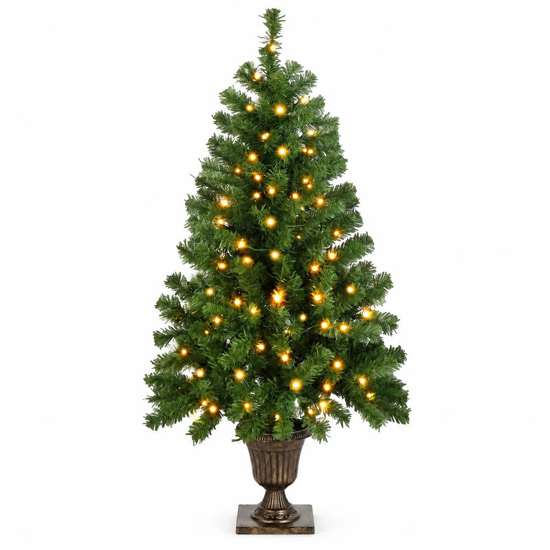 4 FT Pre-lit Artificial Christmas Tree with Trophy Shaped Base, Potted Xmas Tree with 120 Warm Lights, 211 Branch Tips and Remote Control for Holiday Party Office Home, Green