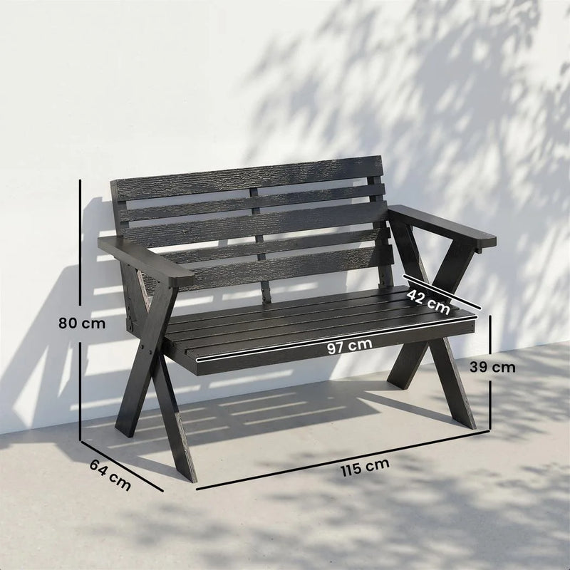 Outsunny 2 Seater Wooden Garden Bench, Slatted Patio Bench with Armrest and Backrest, Black