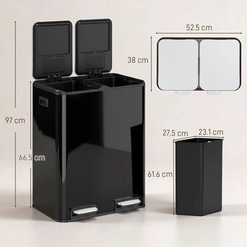 HOMCOM 2 x 30L Double Kitchen Bin, Stainless Steel Pedal Rubbish Bin with Dual Compartments, Soft Close Lids, High Gloss Black