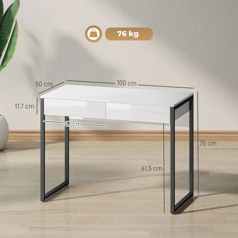 HOMCOM High Gloss Work Table, with Drawers - White