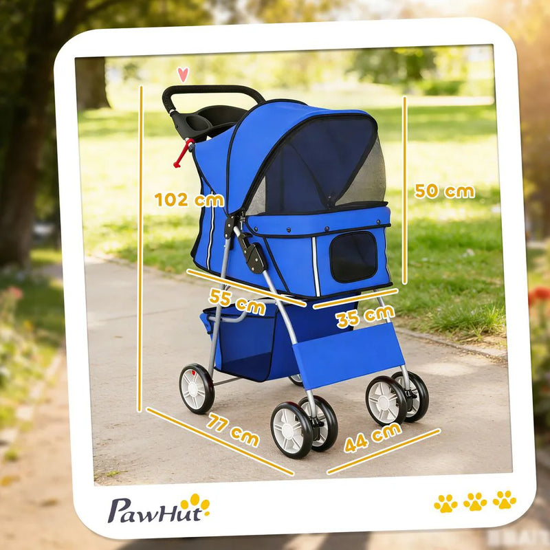 PawHut Dog Pram, Pet Stroller with Reflective Strips, Foldable Cat Stroller with 360° Swivel Wheels, Blue