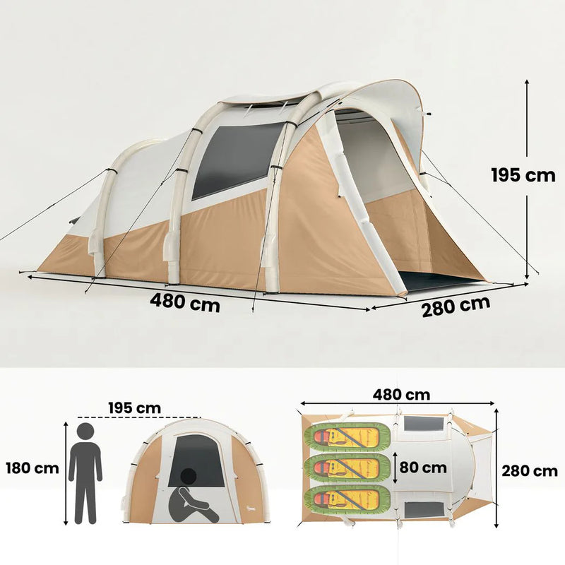 Outsunny Inflatable Camping Tent w/ Air Pump, Easy Setup 2-3 Person Blow Up Tent, Khaki