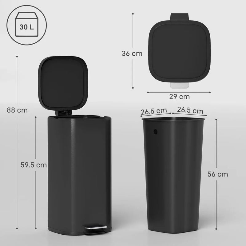 HOMCOM 30L Kitchen Bin, Compact Pedal Bin with Soft-Close and Stay-Open Lid, Removable Bucket for Kitchen, Home, Office, Black
