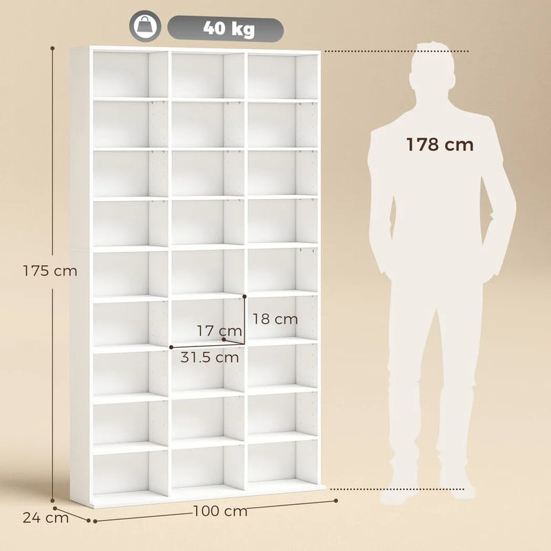 HOMCOM 835 CD/500 DVD Storage Unit, Blu-ray Media Storage Shelf with 27 Compartments and 21 Adjustable Shelves, White
