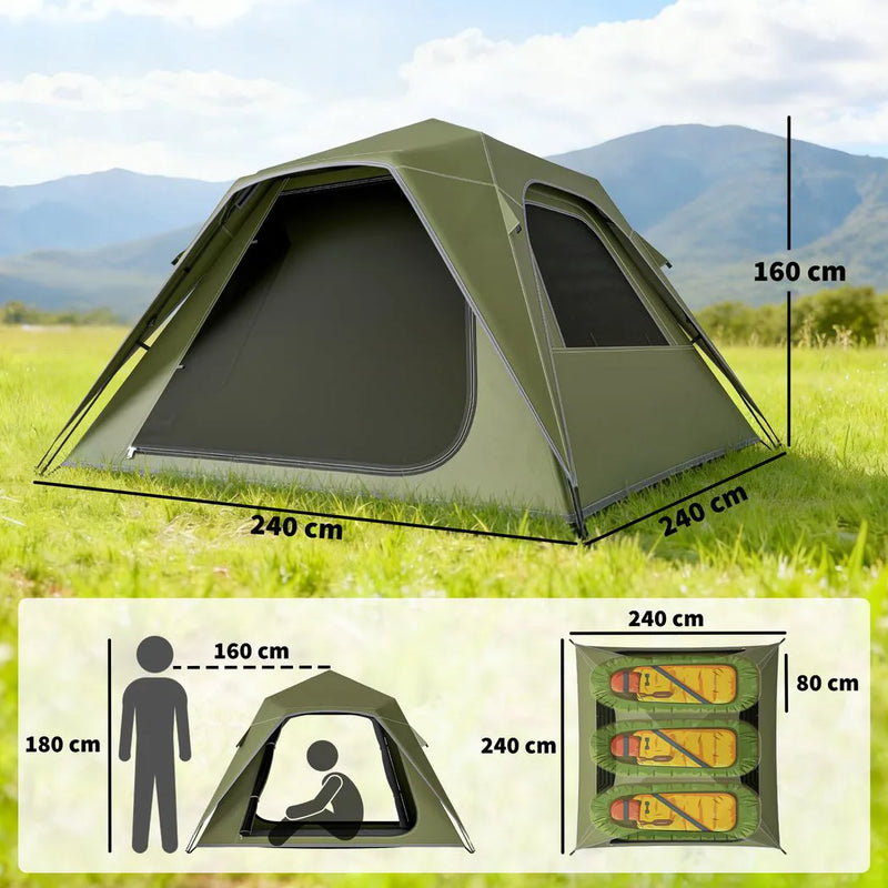 Outsunny Pop Up Tent 3000mm Waterproof Camping Tents with Mesh Windows 2-3 People Green