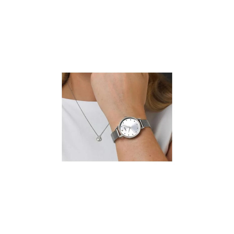 Lorus Ladies Teardrop necklace Bling Silvertone Sunray dial Silvertone Twin Stainless Steel Bracelet Watch Gift Set
