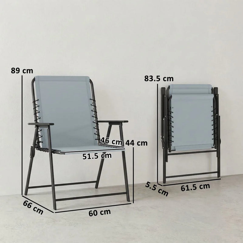 Outsunny Folding Garden Chairs Set of 2, Outdoor Dining Chairs with Wide Texteline Seat, High Back and Armrests, Light Grey